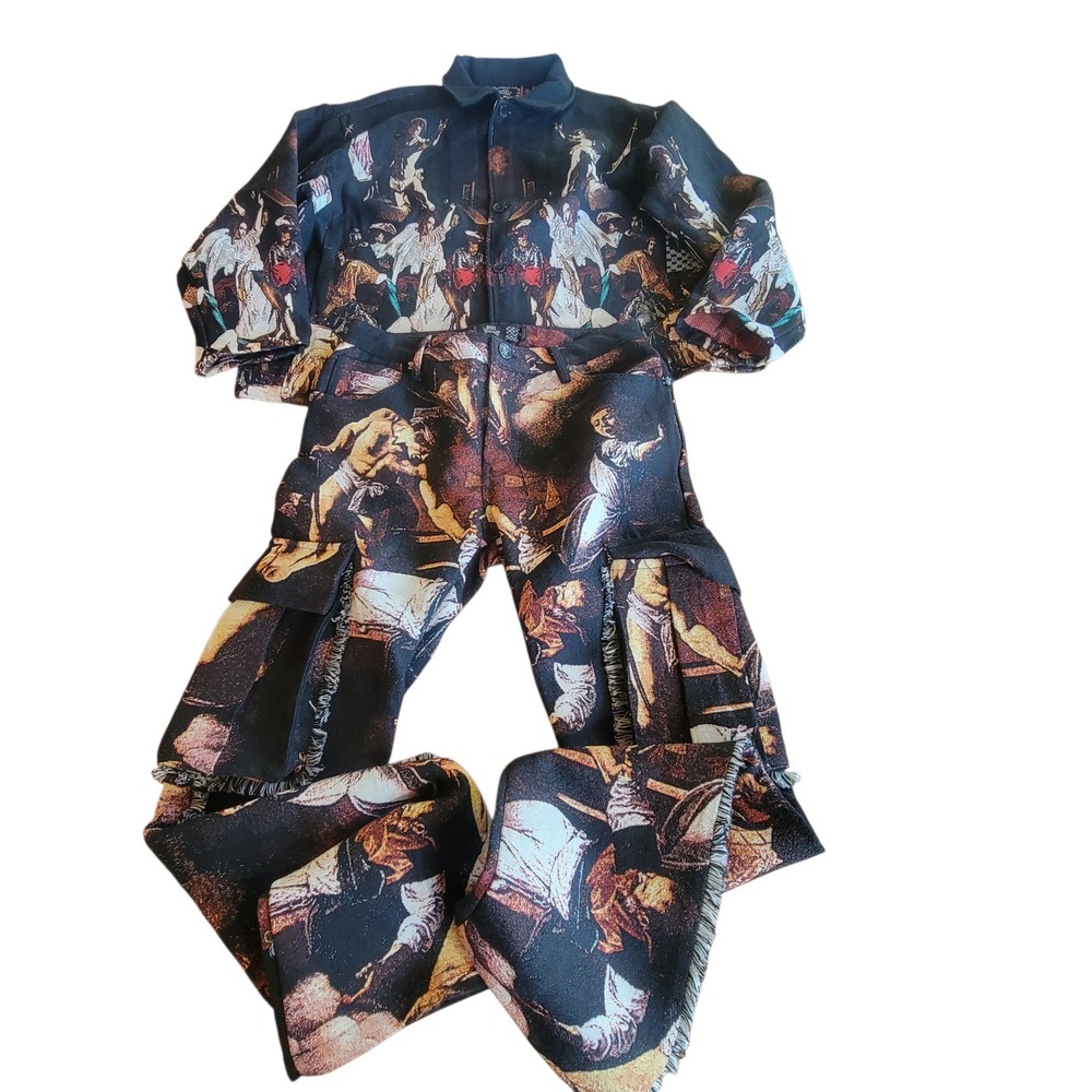 Rebel Vengeance Tapestry Set Renaissance Art Jacket Cargo Pants XL/28 Black EX